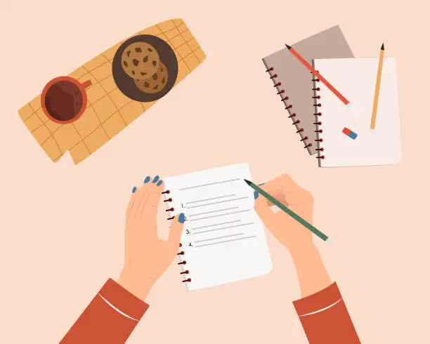 Vector illustration of Woman hands writing text in notebook. Concept of writing diary, message to yourself, goals. Cozy desk with cup of tea and cookies. Flat cartoon colorful vector illustration.
