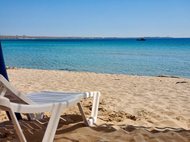 istock White, empty, plastic deck chair under the sun on the beach. Rest under the tropical sun. Sun loungers and parasols on the beach. Travel relax concept 1295577699
