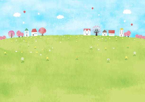 kirschblütenbäume und wiesen-aquarell - meadow lawn grass landscape stock-grafiken, -clipart, -cartoons und -symbole