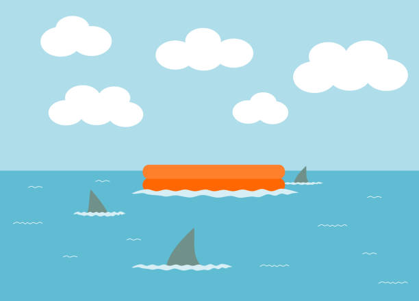 Drifting life raft and shark fins in the sea water Offshore seascape with clouds in the sky, a drifting life raft and shark fins in the sea water. animal fin stock illustrations