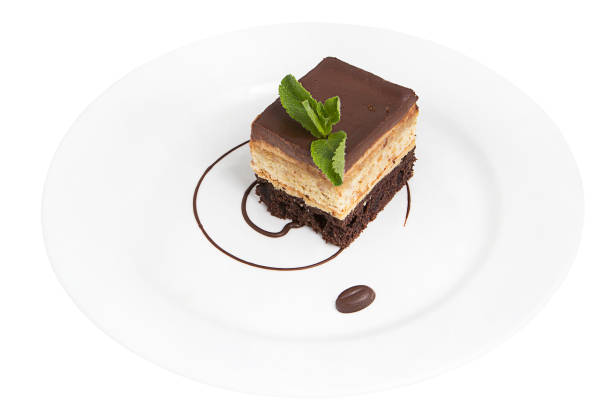 istock Restaurant service concept. Freshly made chocolate cake. Dessert slice of pie on a white plate on a white plate. Isolated. 1295584595