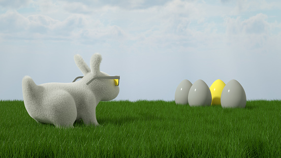 3D Rendering of Easter Bunny and Easter Egg on Meadow. Pantone 2021 colors Ultimate Gray and Illuminating Vibrant Yellow.