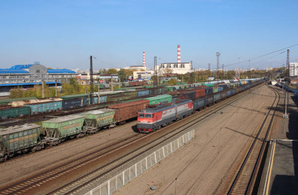 Russia, Novosibirsk, 20.09.2020: railway station trains with wagons on rails cargo transportation of passengers