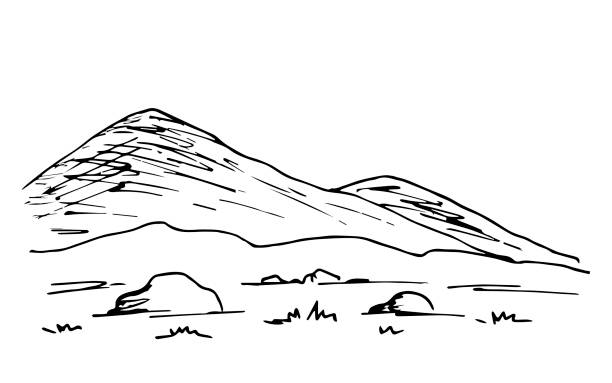 prosty ręcznie rysowany wektor czarno-biały szkic. krajobraz górski, pustynny, skalisty teren, sucha trawa. przyroda, turystyka i podróże. - dry landscape panoramic grass stock illustrations