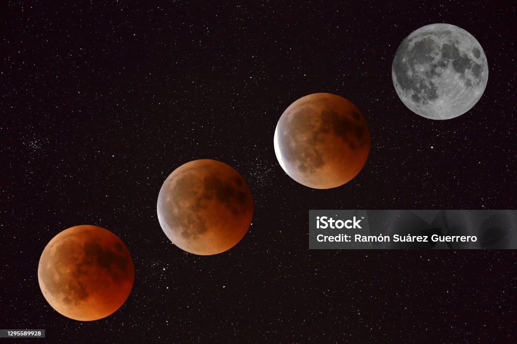 Montage with the phases of a total lunar eclipse Lunar eclipse Total Lunar Eclipse Stock Photo