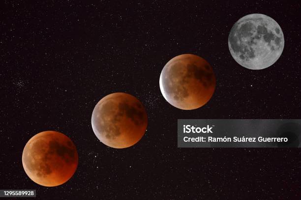 Montage With The Phases Of A Total Lunar Eclipse Stock Photo - Download Image Now - Total Lunar Eclipse, Astronomy, Color Image