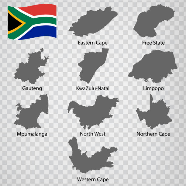 남아프리카 공화국의 아홉지도 지방 - 이름 알파벳 순서. 지방의 모든 지도는 문구와 제목으로 나열되고 격리됩니다. 남아프리카 공화국. eps 10. - natal stock illustrations