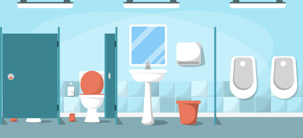 ilustrações de stock, clip art, desenhos animados e ícones de interior of a clean empty sanitary room - urinal clean contemporary in a row