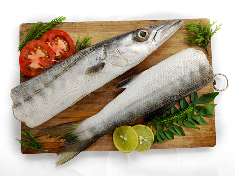 Fresh raw Barracuda Fish (cheelavu) head and body decorated with herbs and vegetables on a White background.Selective Focus.