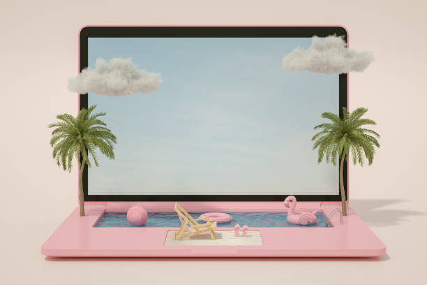 laptop basen, lato wakacje i podróżować koncepcji - water monitor zdjęcia i obrazy z banku zdjęć