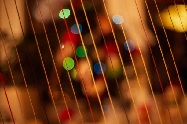 Christmas Lights through  harp stings - close-up, with bokeh from Christmas tree in the background