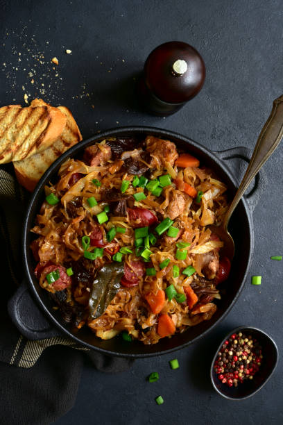 bigos - plato tradicional de cocina polaca, repollo guisado con carne, salchichas y setas secas - bigos fotografías e imágenes de stock