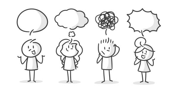 stick figures: communication, speech bubbles, thought bubbles stick figures: communication, speech bubbles, thought bubbles stick figure stock illustrations