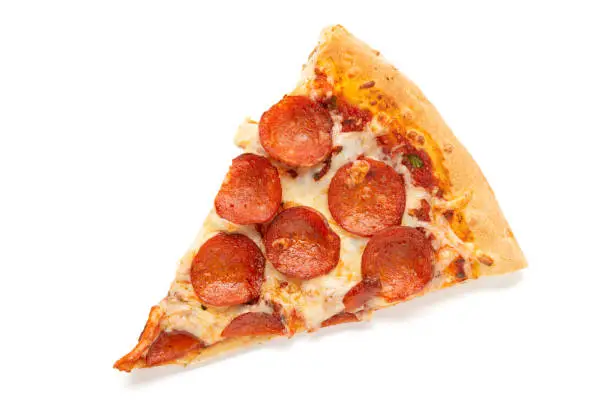 Photo of slice of pizza isolated on white background
