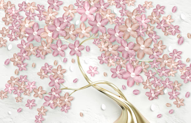 3d wallpaper for wall . mural tree with golden stem . Abstract floral background .