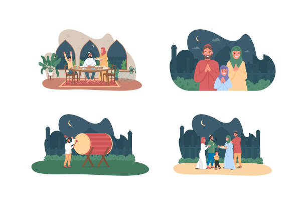 무슬림 문화 2d 벡터 웹 배너, 포스터 세트 - islam india mosque praying stock illustrations