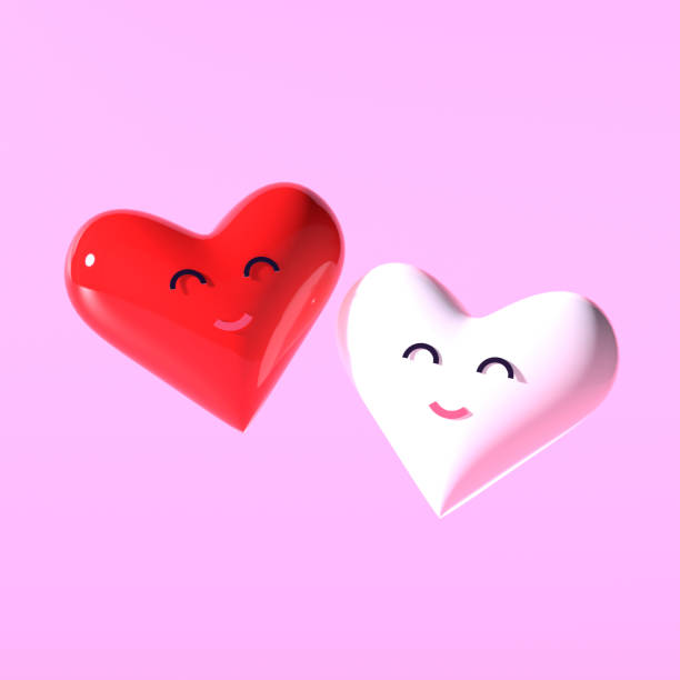 istock 3d render of two red  and white plastic hearts with smiles on pink background. Design concept of Valentine's Day. 1295598513