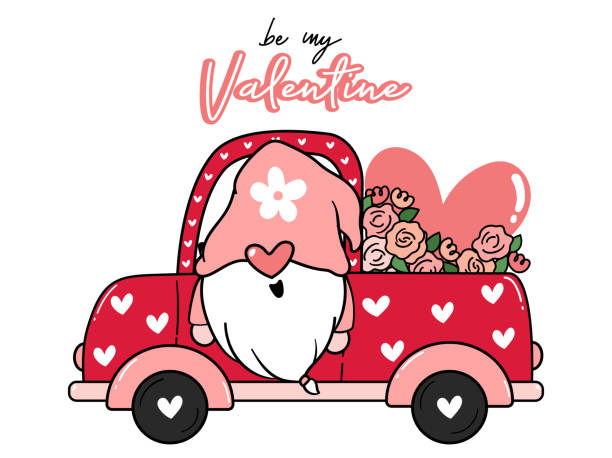 Valentine Gnome In Flower And Heart Red Truck Car Be My Valentine Cute  Cartoon Flat Vector Clip Art Idea For Valentine Card Printable Stuff Stock  Illustration - Download Image Now - iStock