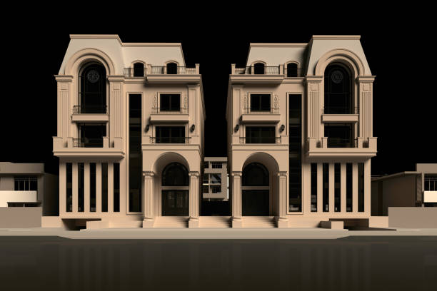 istock 3d render. Building exterior scene with black background. 1295600205