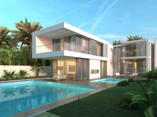 istock 3d render. Modern exterior house scene with swimming pool. 1295600207