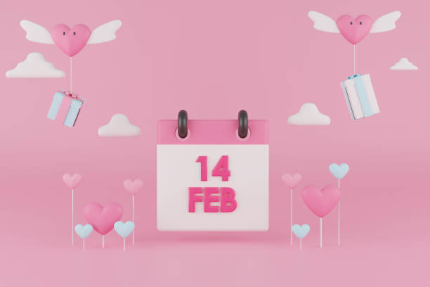 3d rendering valentine's day calendar. - february three dimensional shape heart shape greeting imagens e fotografias de stock