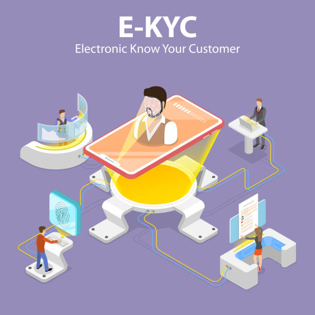 ilustraciones, imágenes clip art, dibujos animados e iconos de stock de concepto de vector plano isométrico 3d de ekyc - electronic conoce a tu cliente. - tax form tax backgrounds finance