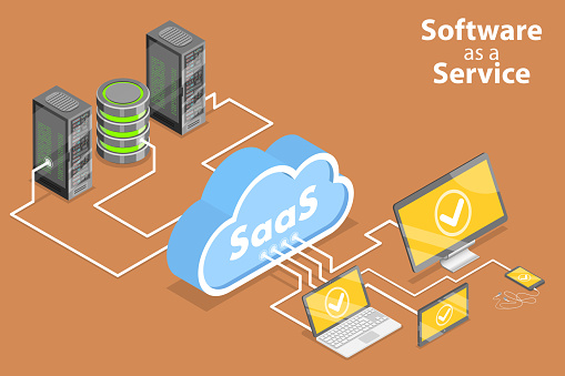 3D Isometric Flat Vector Conceptual Illustration of Saas - Software as a Service, Cloud Computing Technologies.