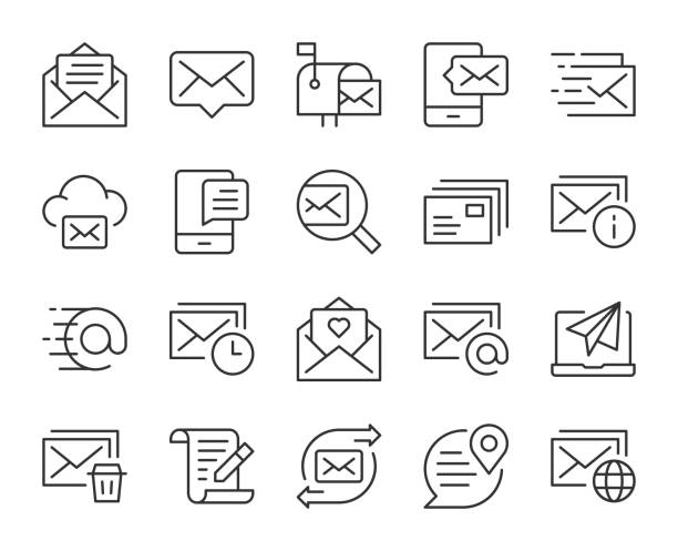 mail und messaging - light line icons - wireless technology transfer image cloud symbol stock-grafiken, -clipart, -cartoons und -symbole