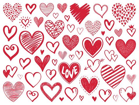 Set of hand drawn vector hearts. Design elements isolated on white background.