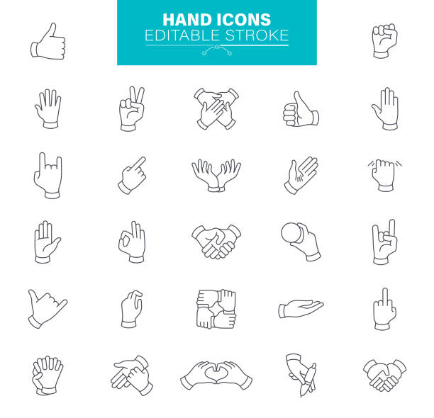 ilustraciones, imágenes clip art, dibujos animados e iconos de stock de gestos de mano iconos trazo editable. contiene iconos como la caridad y el trabajo de socorro, dedo, saludo, apretón de manos, una mano de ayuda - hands