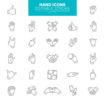 Hand Gestures Outline Icons. Editable stroke.