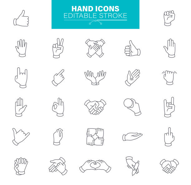 Hand Gestures Icons Editable Stroke. Contains such icons as Charity and Relief Work, Finger, Greeting, Handshake, A Helping Hand Hand Gestures Outline Icons. Editable stroke. meditation hands stock illustrations