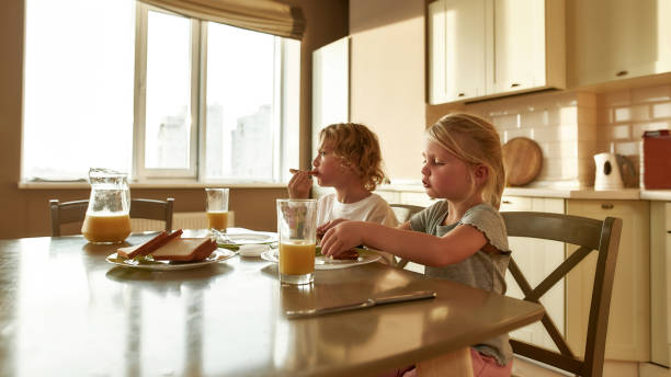 istock Two cute little kids eating toasted bread with chocolate butter for breakfast or lunch while sitting at the table in the kitchen 1295608538