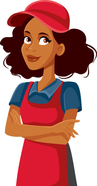 ilustraciones, imágenes clip art, dibujos animados e iconos de stock de trabajadora africana de supermercado de pie con los brazos cruzados - shopping supermarket department store women
