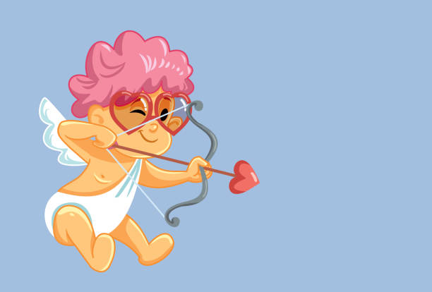 illustrazioni stock, clip art, cartoni animati e icone di tendenza di cupido shooting bow e arrow vector cartoon - cupid