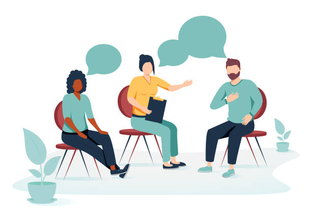 ilustrações de stock, clip art, desenhos animados e ícones de people suffering from problems, attending psychological support meeting. patients sitting in circle, talking. vector. - alternative therapy illustrations
