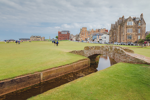 A view of SIlcan Bridge at the 18th hole of the historic Old Course at St. Andrews Links in Fife, Scotland