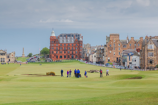 A view of down the 18th hole of the historic Old Course at St. Andrews Links in Fife, Scotland