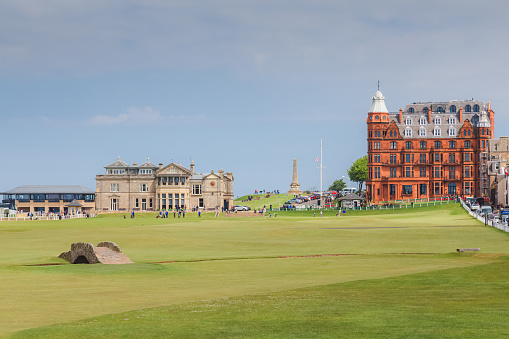 View of SIlcan Bridge at the 18th hole of the historic Old Course at St. Andrews Links in Fife, Scotland