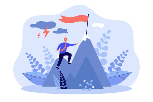 Businessman climbing on mountain through obstacles Businessman climbing on mountain through obstacles isolated flat vector illustration. Cartoon person never giving up for target, belief and growth. Perseverance, effort and ambition concept patience illustration stock illustrations