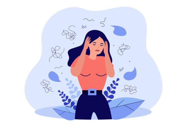 Nervous woman with mental problem feeling anxiety Nervous woman with mental problem feeling anxiety isolated flat vector illustration. Cartoon character having headache and touching head surrounded by thinks. Neurosis and depression concept anxiety stock illustrations