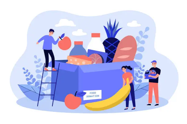 Vector illustration of Tiny volunteers gathering grocery box for help