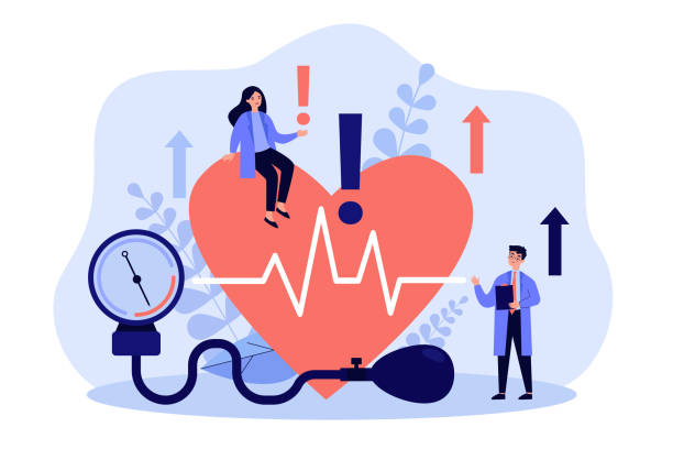 Tiny doctors examining heart health flat vector illustration Tiny doctors examining heart health flat vector illustration. Cartoon medical specialists doing checkup of blood pressure, pulse rate and cholesterol. Cardiovascular disease and cardiology concept care stock illustrations