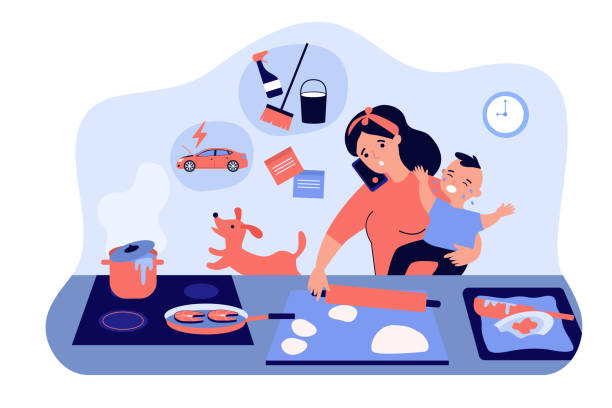 ilustrações de stock, clip art, desenhos animados e ícones de multitasking mom with baby flat vector illustration - mãe filho conversa