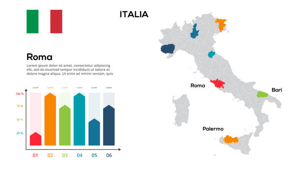 Italia map. image of a global map in the form of regions of Italia regions. Country flag. Infographic timeline. Easy to edit Italia map. image of a global map in the form of regions of Italia regions. Trana flag. Infographic timeline. italie stock illustrations