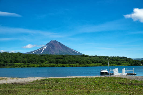 View from the Kuril lake to the Ilyinsky volcano. stock photo