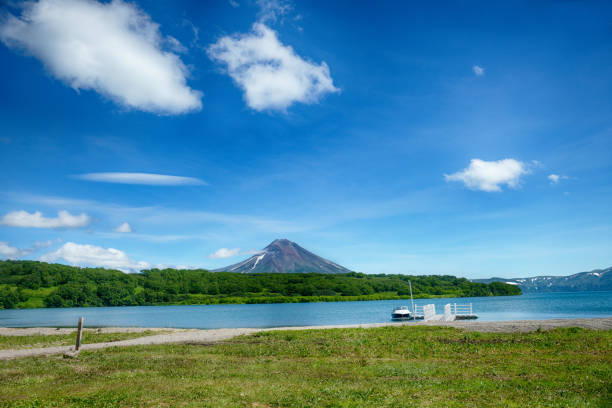 View from the Kuril lake to the Ilyinsky volcano. stock photo