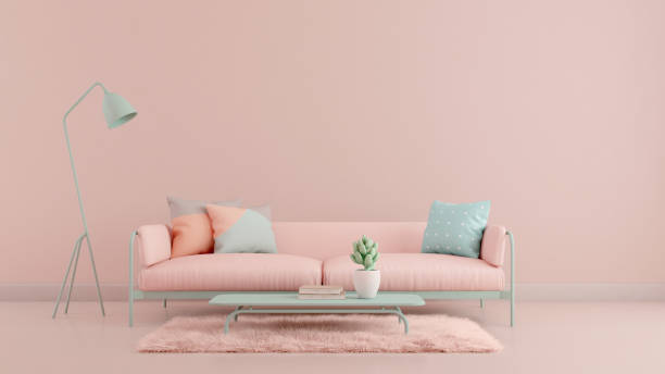 istock Living room.Design with pastel color.Sofa,table,carpet and pink wall.3d rendering 1295618987