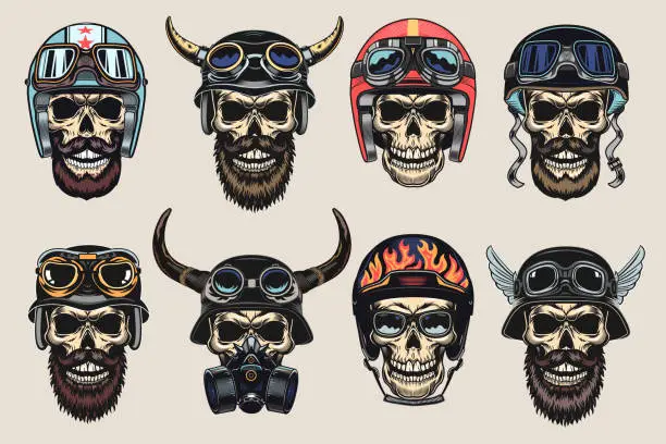 Vector illustration of Colored biker skulls in helmets set