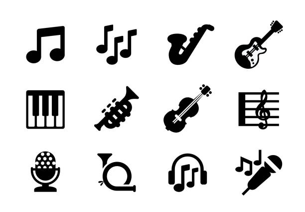 ilustrações, clipart, desenhos animados e ícones de instrumentos musicais ícones vetoriais definidos. sopro, instrumentos musicais de corda, teclado, piano, violão, violino, saxofone, conjunto de símbolos isolados de microfone - saltério